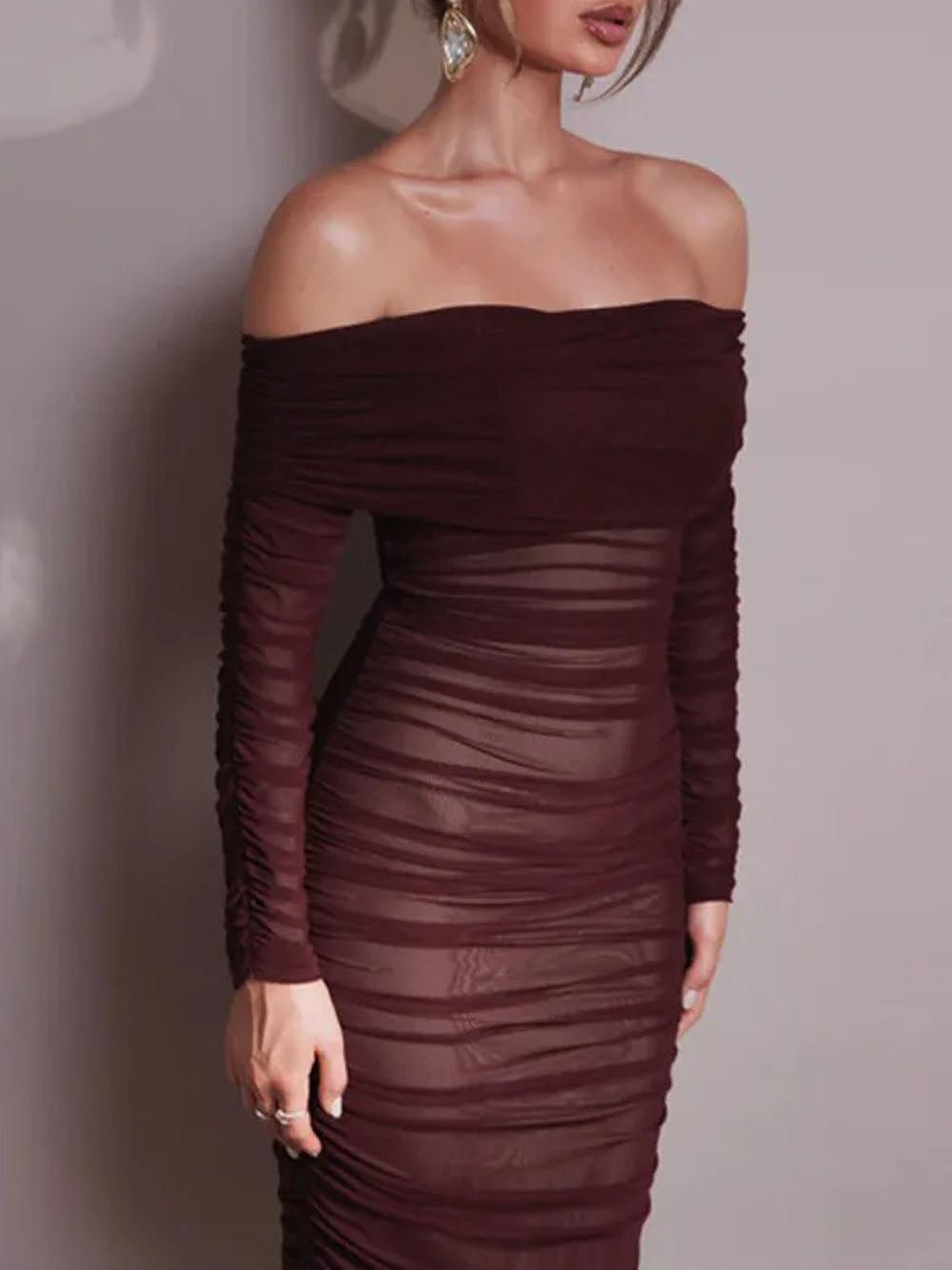 Mesh Off Shoulder Long Sleeve Ruched Bodycon Column Maxi Dress 3