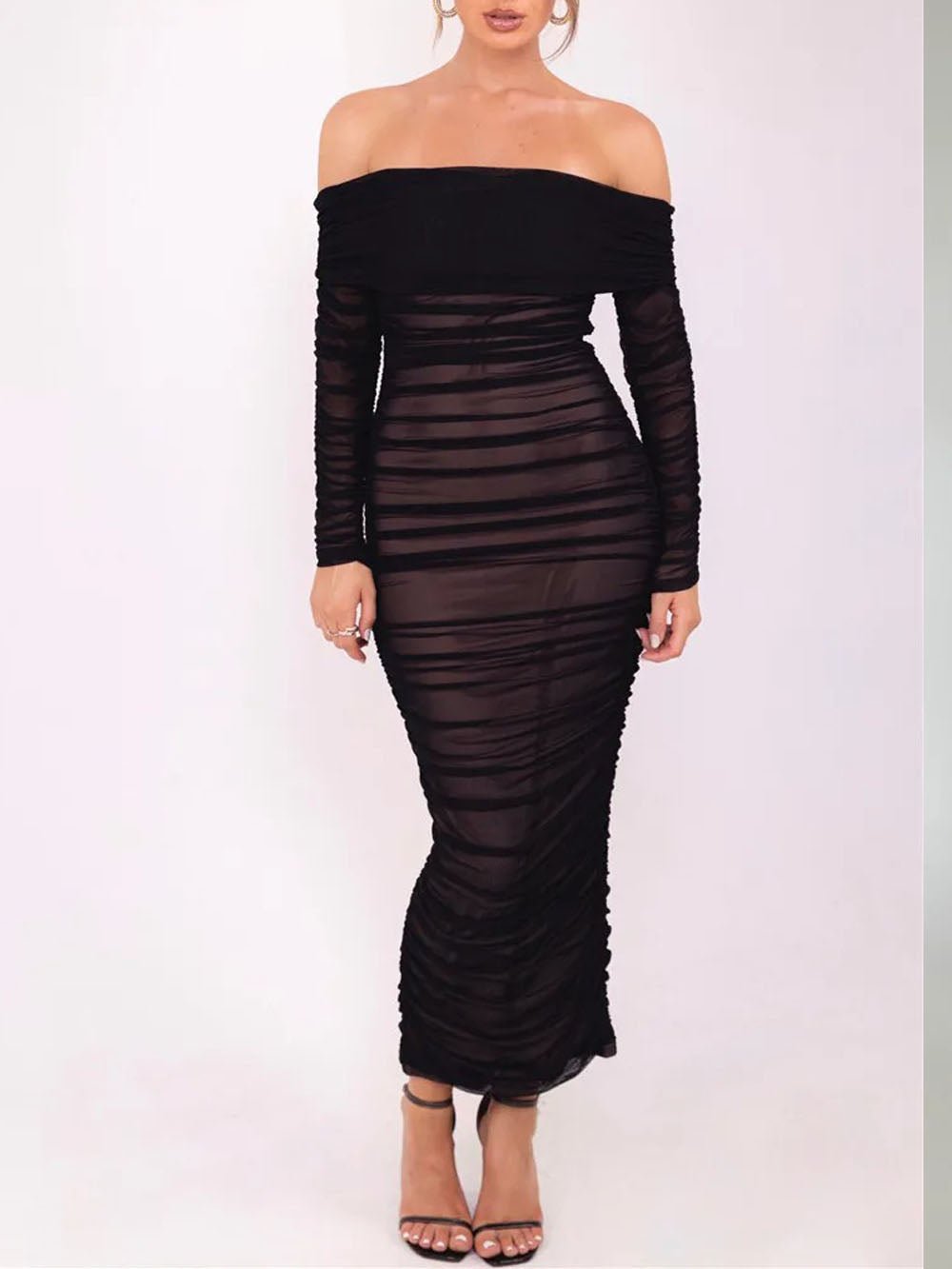 Mesh Off Shoulder Long Sleeve Ruched Bodycon Column Maxi Dress 14