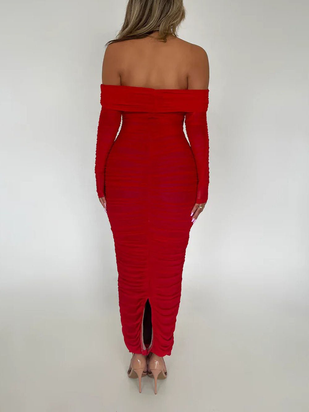 Mesh Off Shoulder Long Sleeve Ruched Bodycon Column Maxi Dress 6