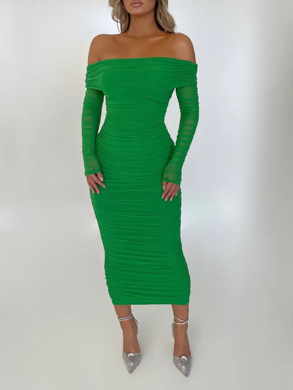 Mesh Off Shoulder Long Sleeve Ruched Bodycon Column Maxi Dress 8