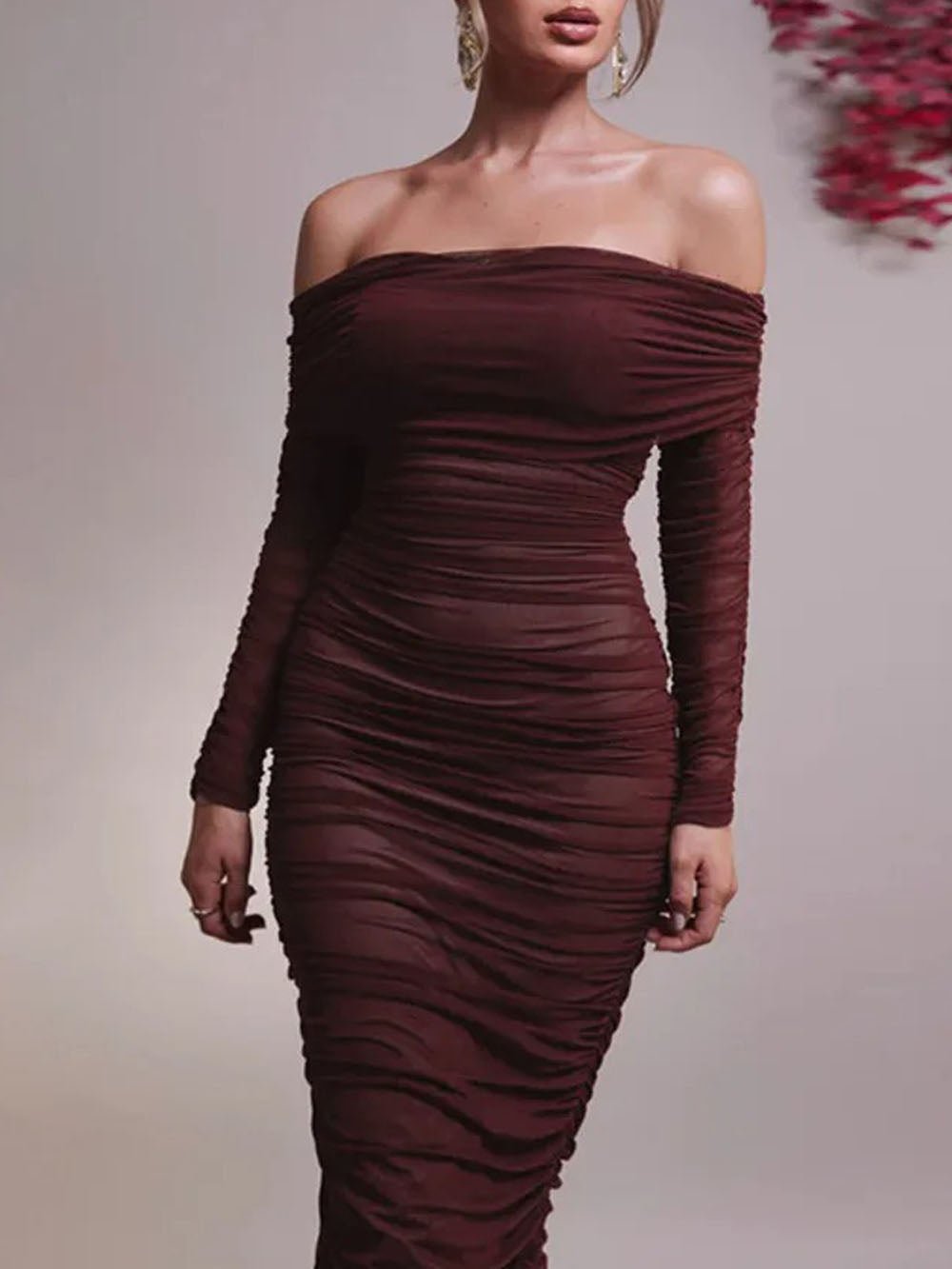 Mesh Off Shoulder Long Sleeve Ruched Bodycon Column Maxi Dress 4