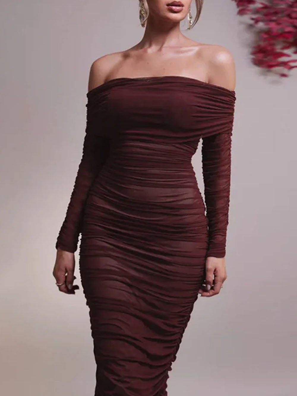 Mesh Off Shoulder Long Sleeve Ruched Bodycon Column Maxi Dress 2