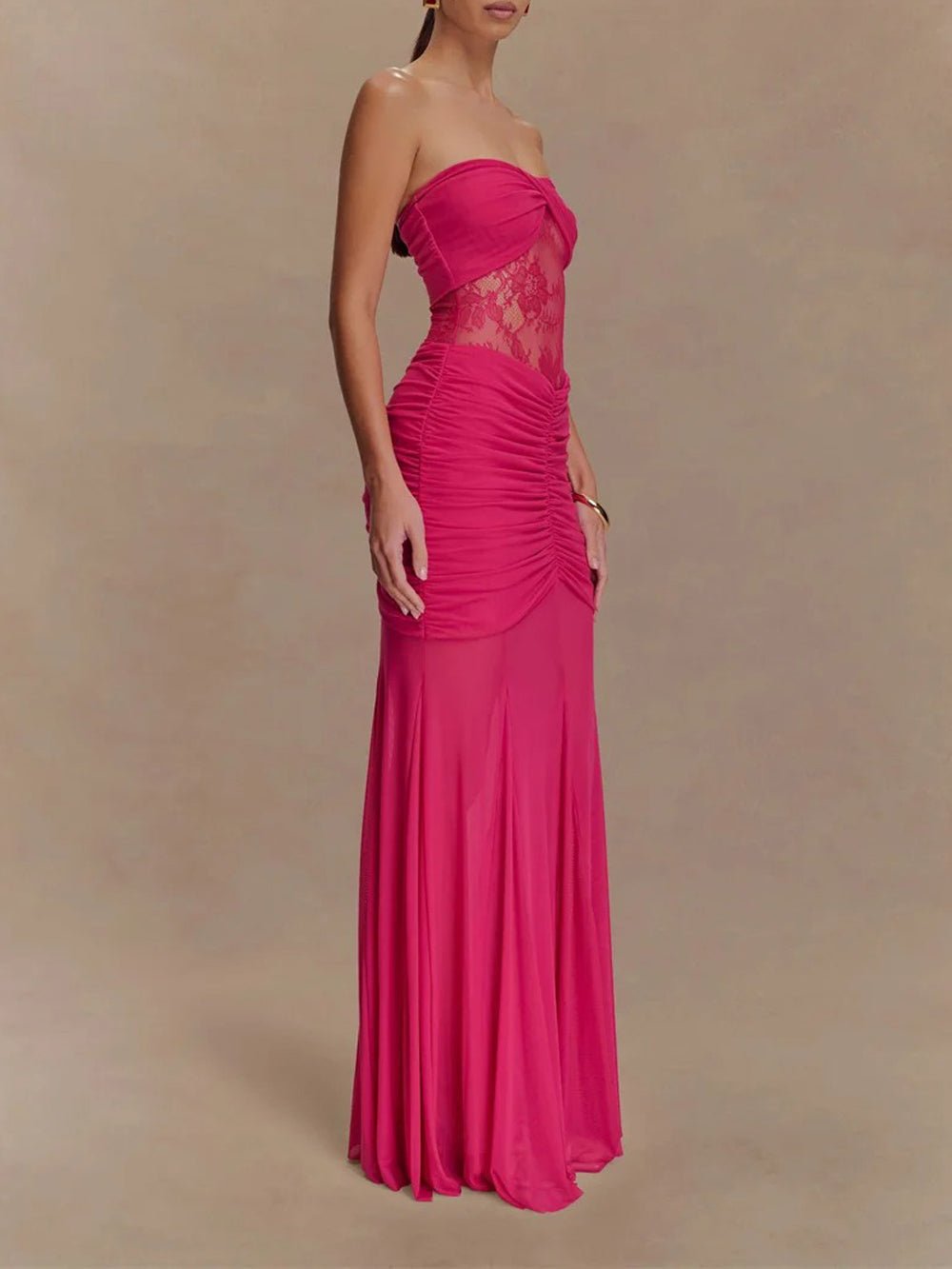 Strapless Sweetheart Lace Panel Ruched Bust Bodycon Maxi Gown 7