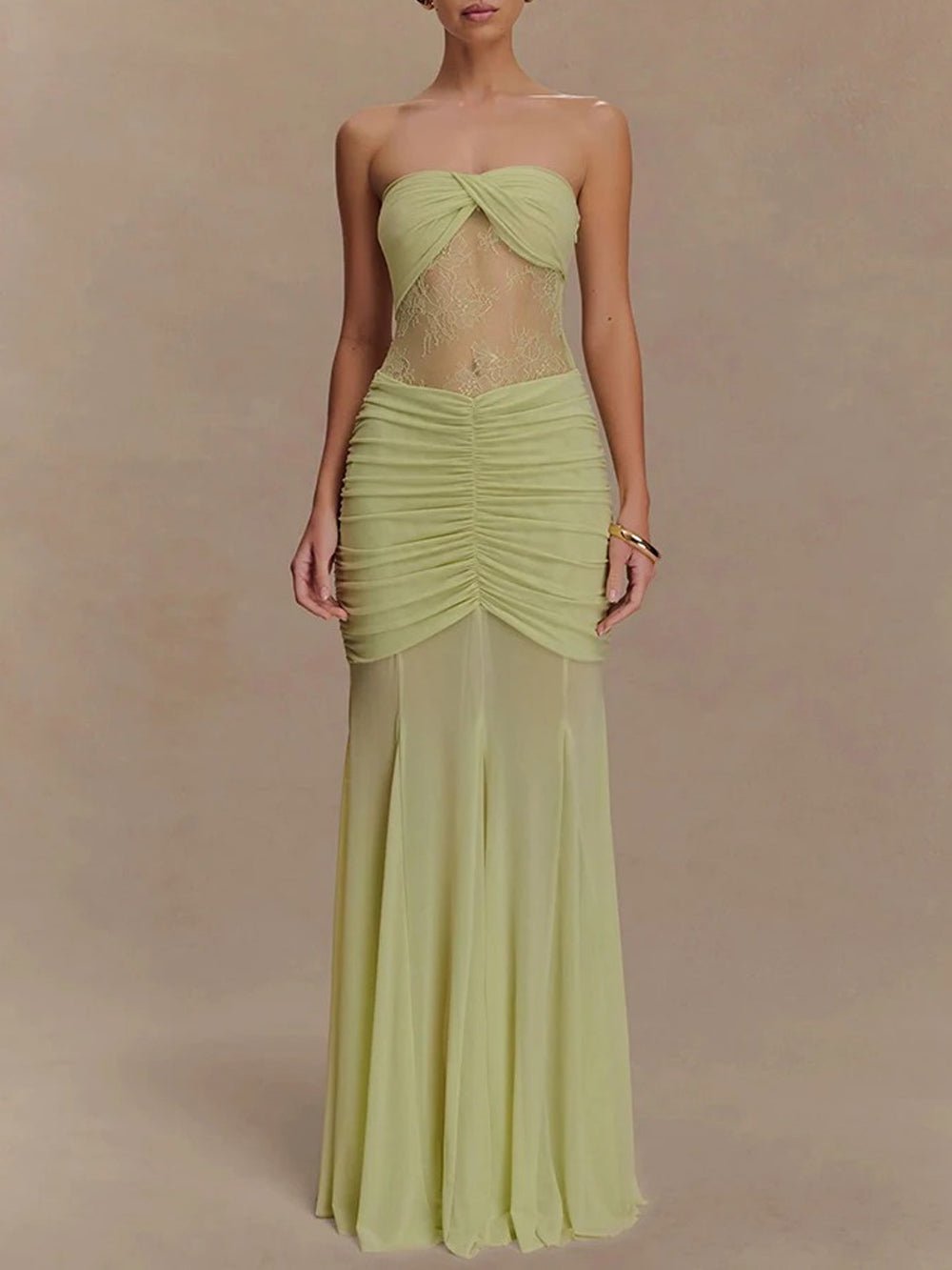 Strapless Sweetheart Lace Panel Ruched Bust Bodycon Maxi Gown 8