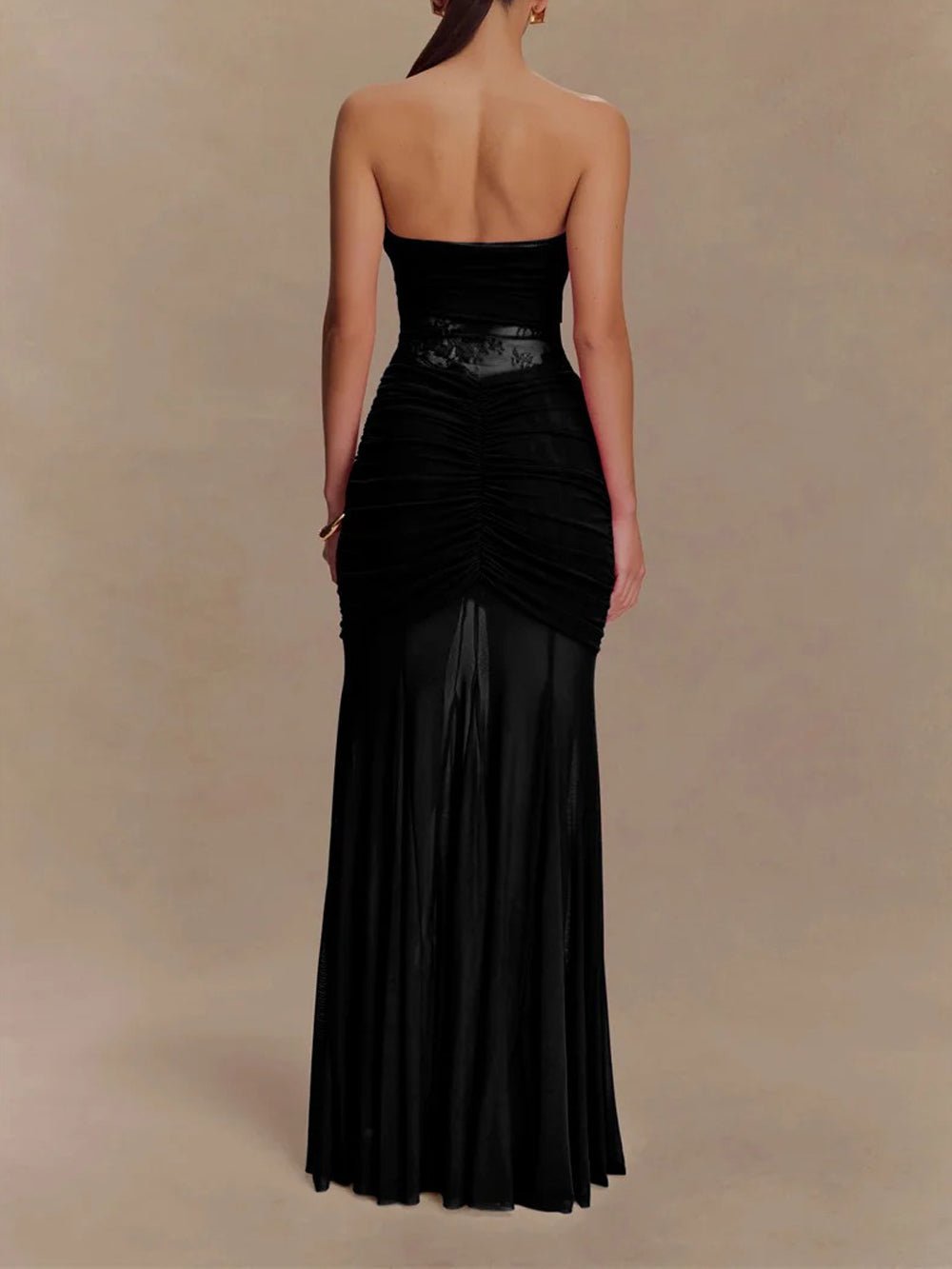 Strapless Sweetheart Lace Panel Ruched Bust Bodycon Maxi Gown 3
