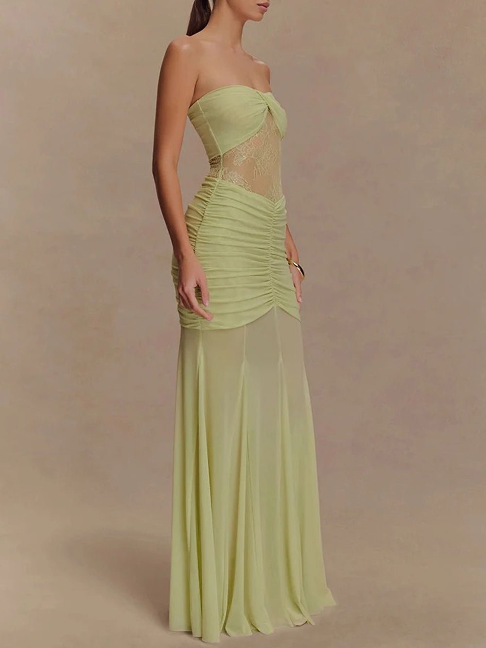 Strapless Sweetheart Lace Panel Ruched Bust Bodycon Maxi Gown 10