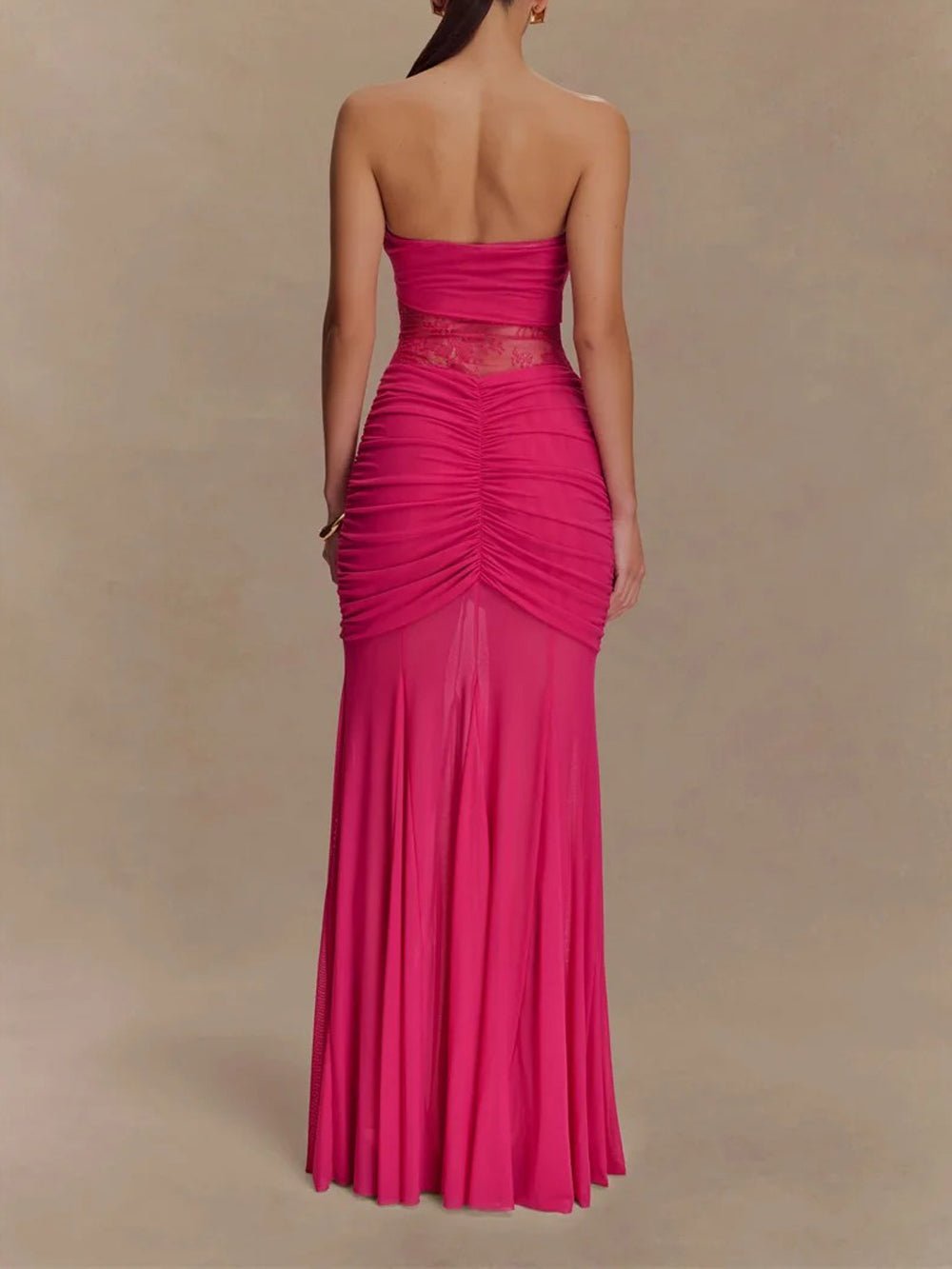Strapless Sweetheart Lace Panel Ruched Bust Bodycon Maxi Gown 6