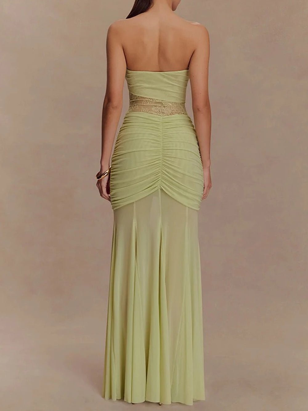 Strapless Sweetheart Lace Panel Ruched Bust Bodycon Maxi Gown 9