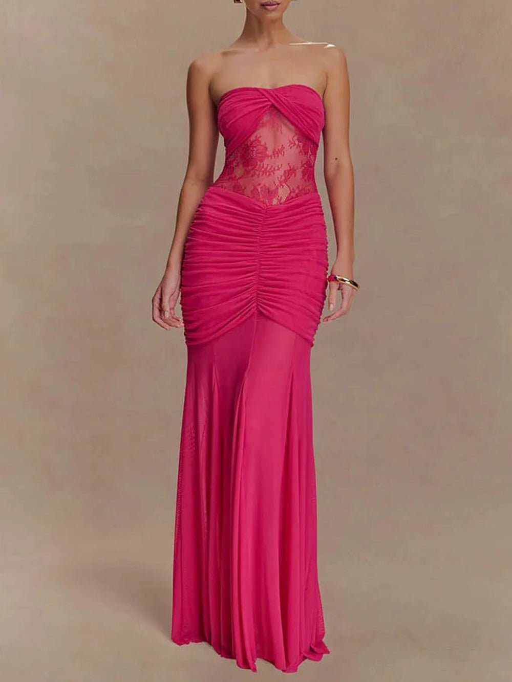 Strapless Sweetheart Lace Panel Ruched Bust Bodycon Maxi Gown 5