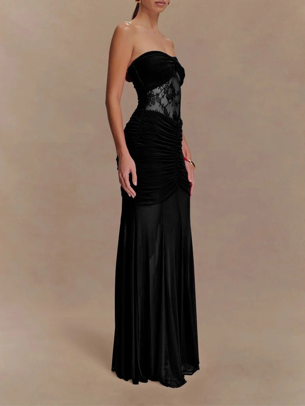 Strapless Sweetheart Lace Panel Ruched Bust Bodycon Maxi Gown 2