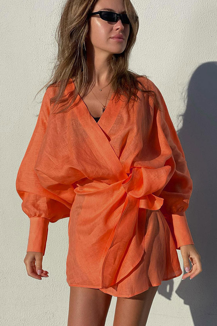 Burnt Orange V-Neck Balloon Sleeve Tie Waist Linen Wrap Mini Dress