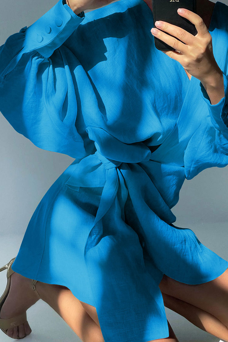 Sky Blue V-Neck Balloon Sleeve Tie Waist Linen Wrap Mini Dress