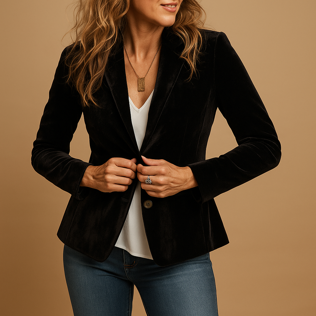 Notched Lapel Velvet Single Button Tailored Blazer