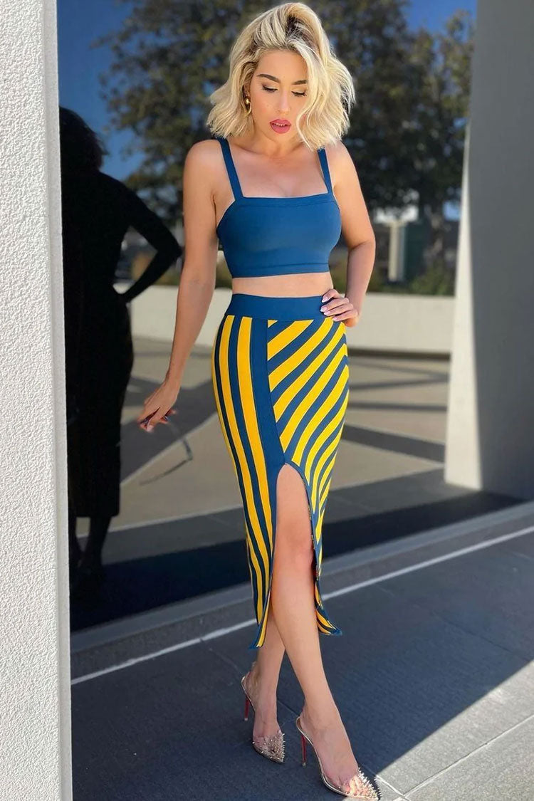 Stripe Square Neck Crop Tank High Waist Striped Front Slit Skirt Set