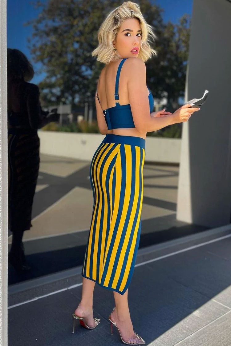 Stripe Square Neck Crop Tank High Waist Striped Front Slit Skirt Set