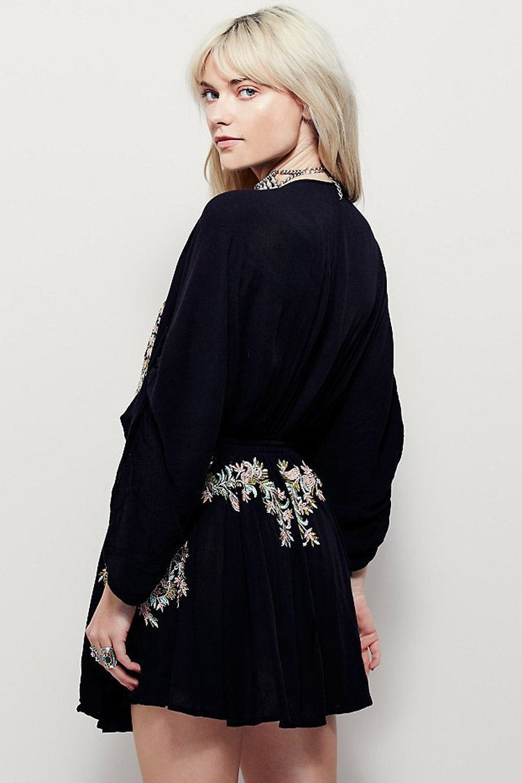 Black Plunge V-Neck Floral Embroidered Kimono Sleeve Tassel Tie Boho Mini Dress