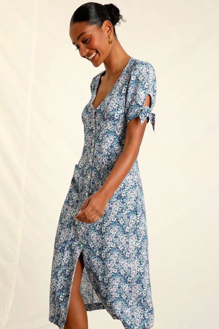 Blue V-Neck Floral Print Tie Sleeve Button Up Midi Dress