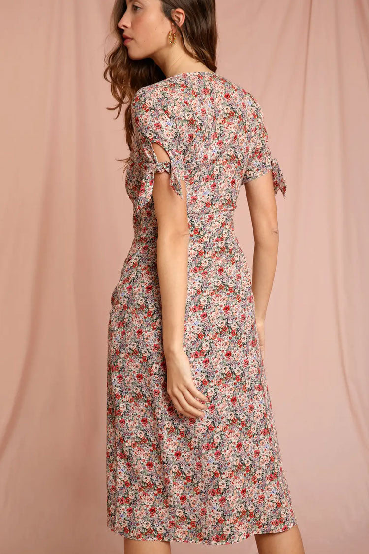 Red V-Neck Floral Print Tie Sleeve Button Up Midi Dress