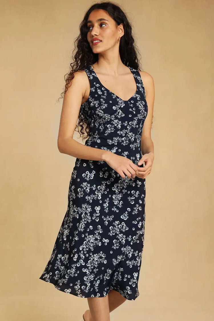 Navy Blue V-Neck Floral Print Sleeveless Sheath Midi Dress