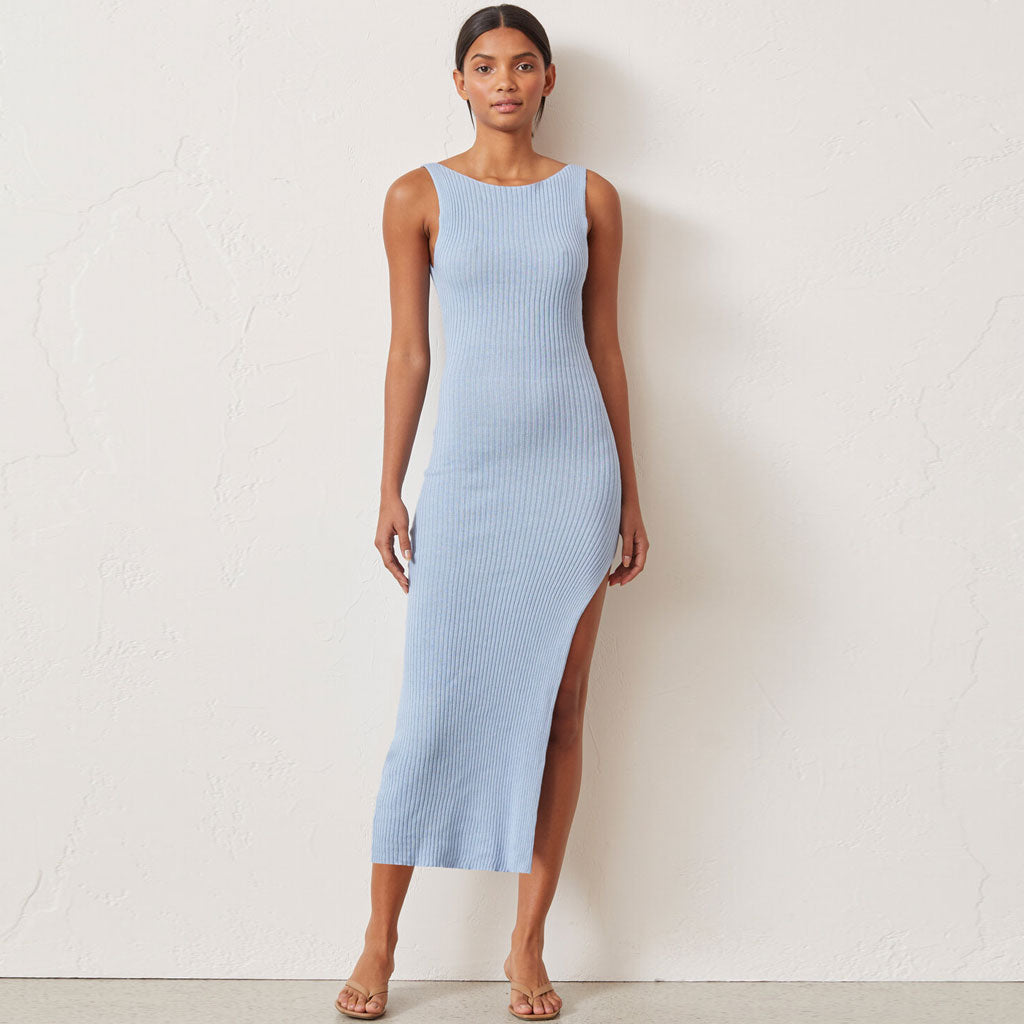 Blue Round Neck Sleeveless Ribbed Knit Bodycon Midi Dress