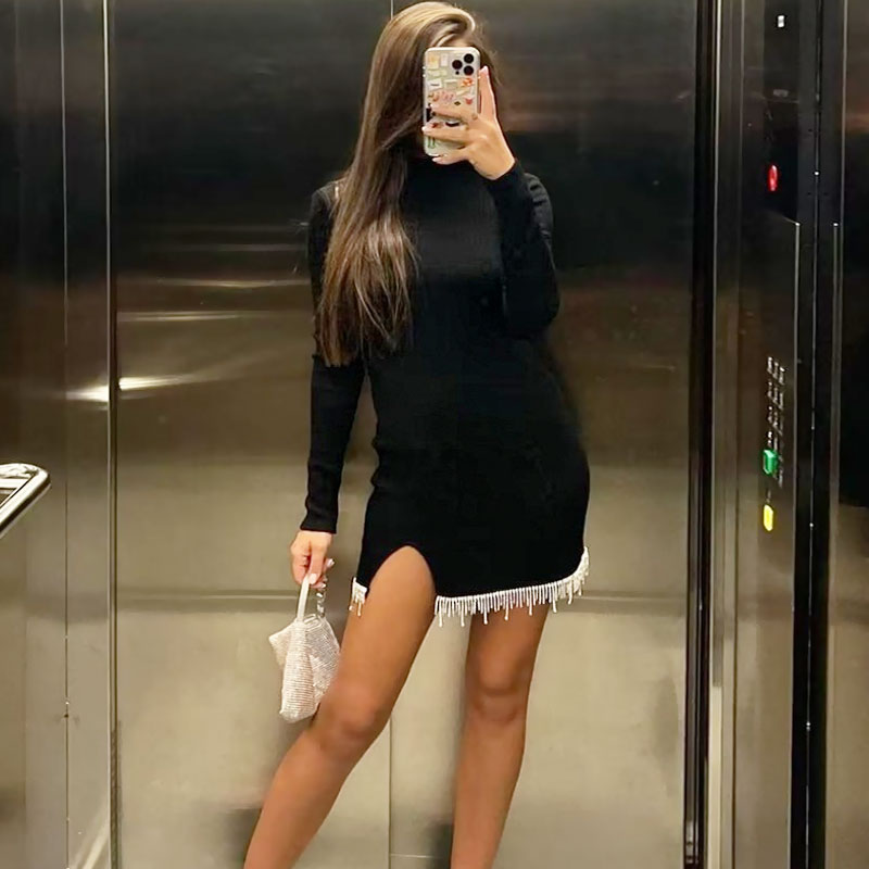 Black Crew Neck Ribbed Knit Crystal Fringe Long Sleeve Sweater Mini Dress