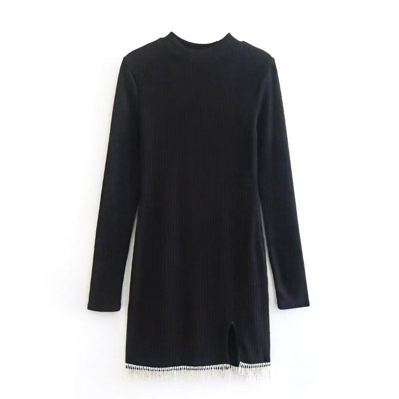 Black Crew Neck Ribbed Knit Crystal Fringe Long Sleeve Sweater Mini Dress 3