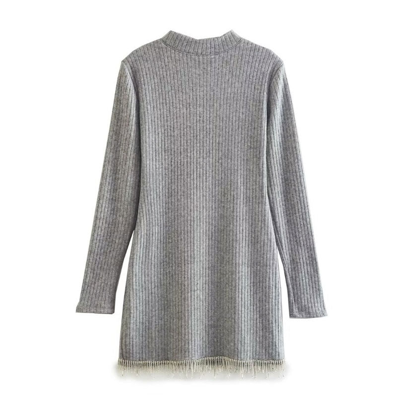 Gray High Neck Long Sleeve Crystal Fringe Ribbed Sweater Mini Dress 4