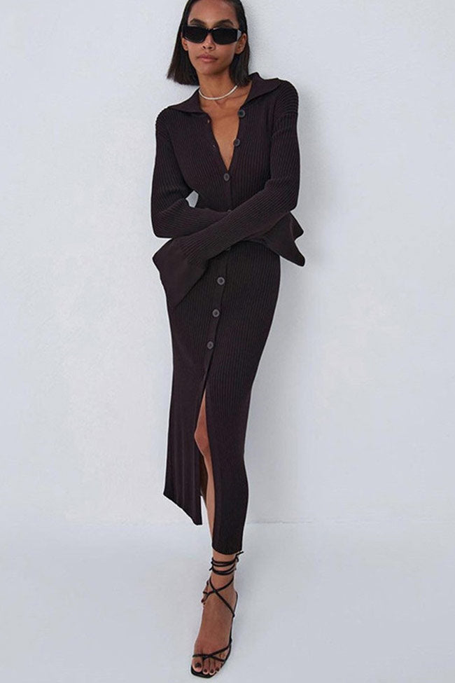 Chocolate Collared Ribbed Button Down Long Sleeve Bodycon Maxi Dress