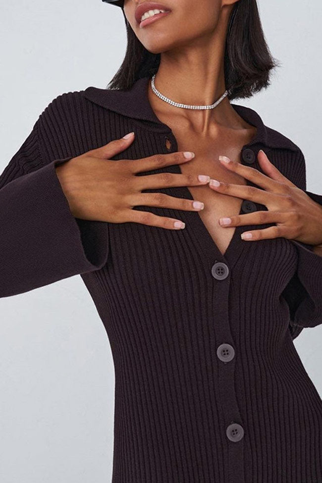 Chocolate Collared Ribbed Button Down Long Sleeve Bodycon Maxi Dress