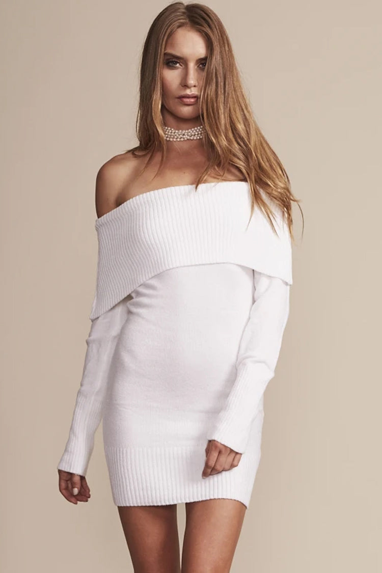 White Off-Shoulder Foldover Ribbed Knit Long Sleeve Sweater Mini Dress