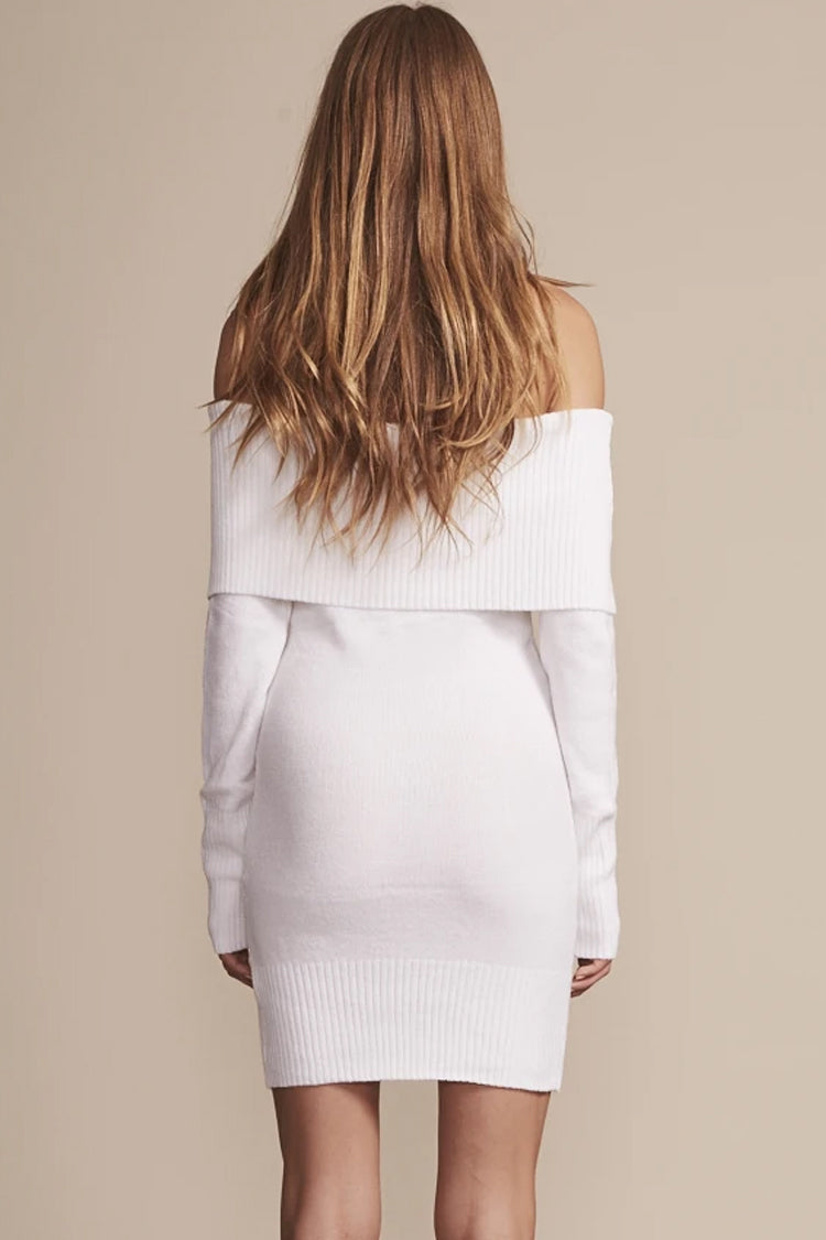 White Off-Shoulder Foldover Ribbed Knit Long Sleeve Sweater Mini Dress