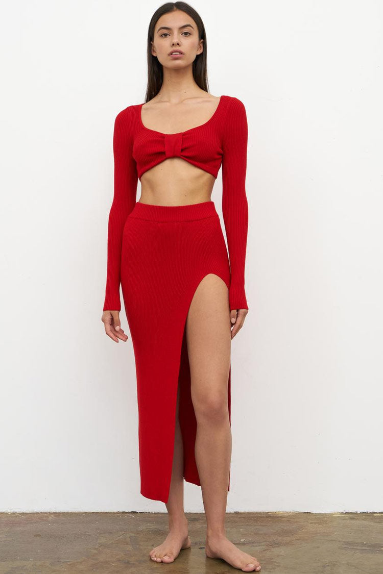Red Ribbed Knit Long Sleeve Cropped Top High Slit Maxi Skirt Set