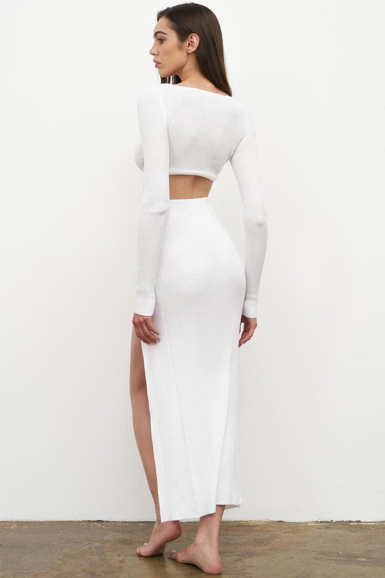 White Long Sleeve Ribbed Crop Top High Slit Maxi Skirt Set