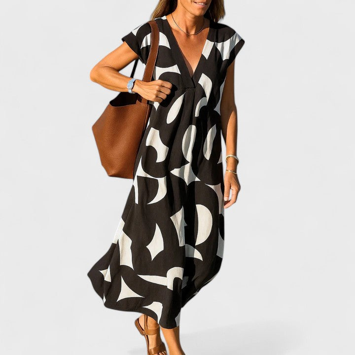 V-Neck Geometric Print Cap Sleeve A-Line Maxi Dress 2