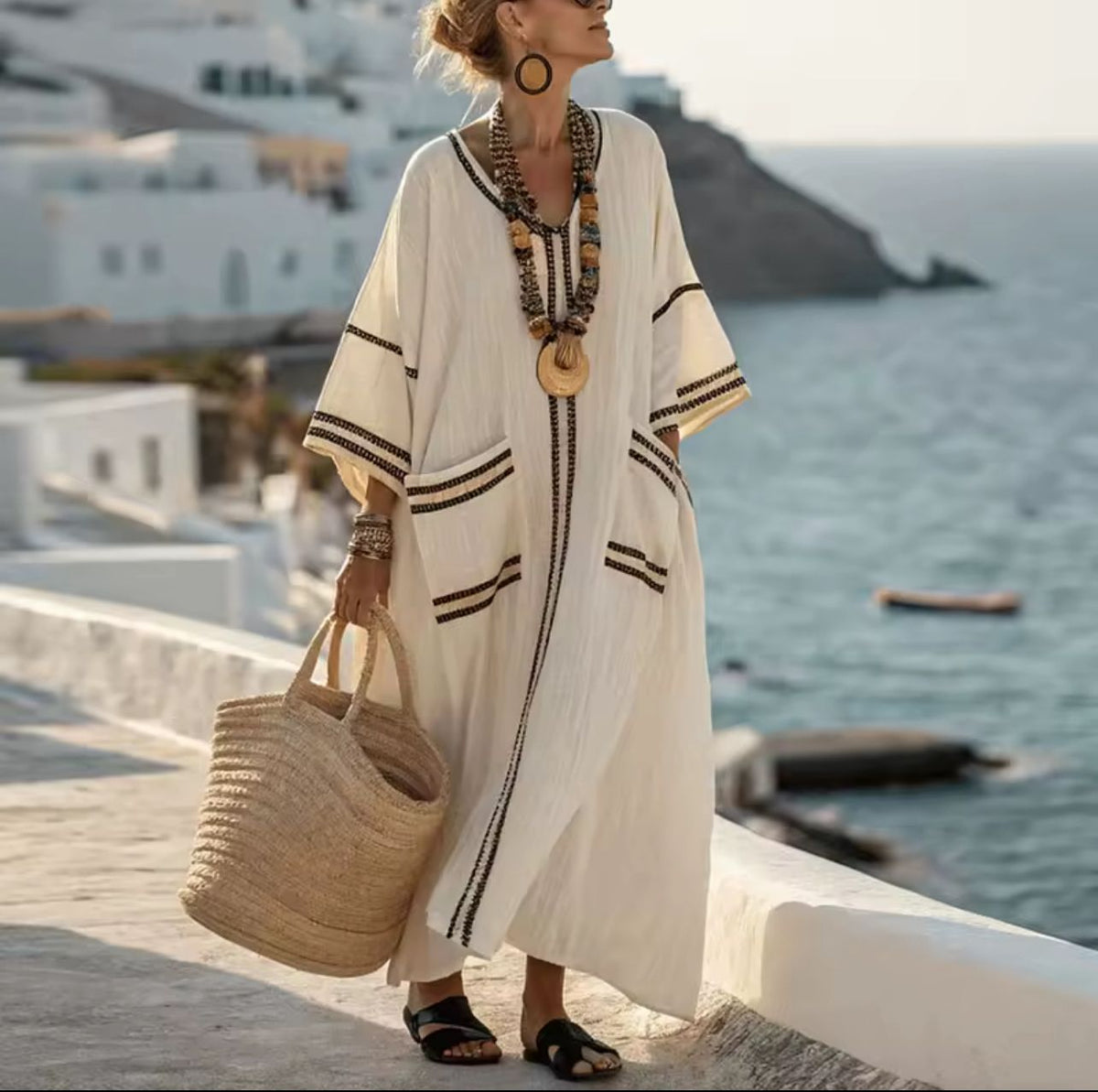 Split Neck Striped Embroidered Trim Kaftan Maxi Dress