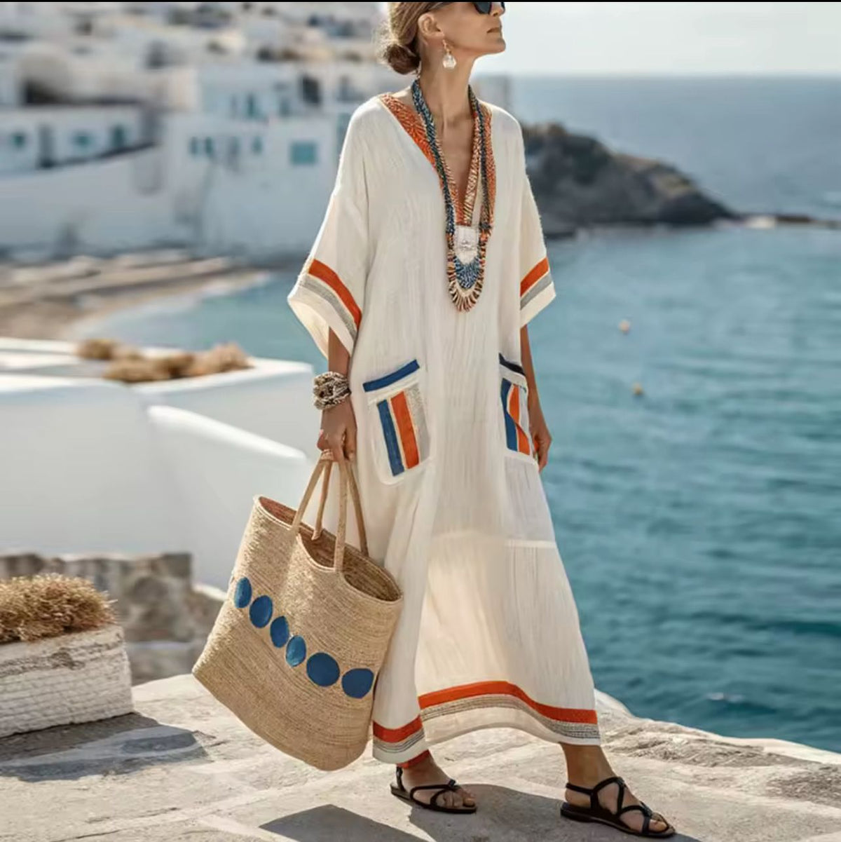 Split Neck Striped Embroidered Trim Kaftan Maxi Dress