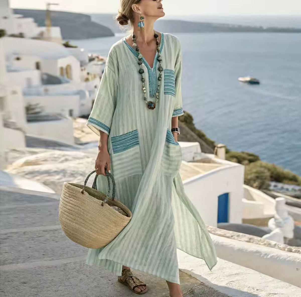 Split Neck Striped Embroidered Trim Kaftan Maxi Dress