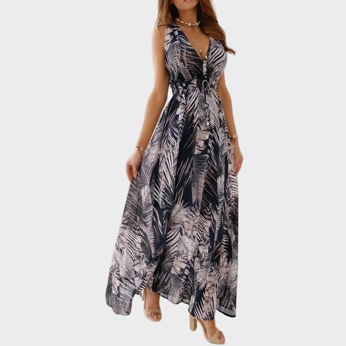 V-Neck Tropical Floral Sleeveless Drawstring A-Line Maxi Dress