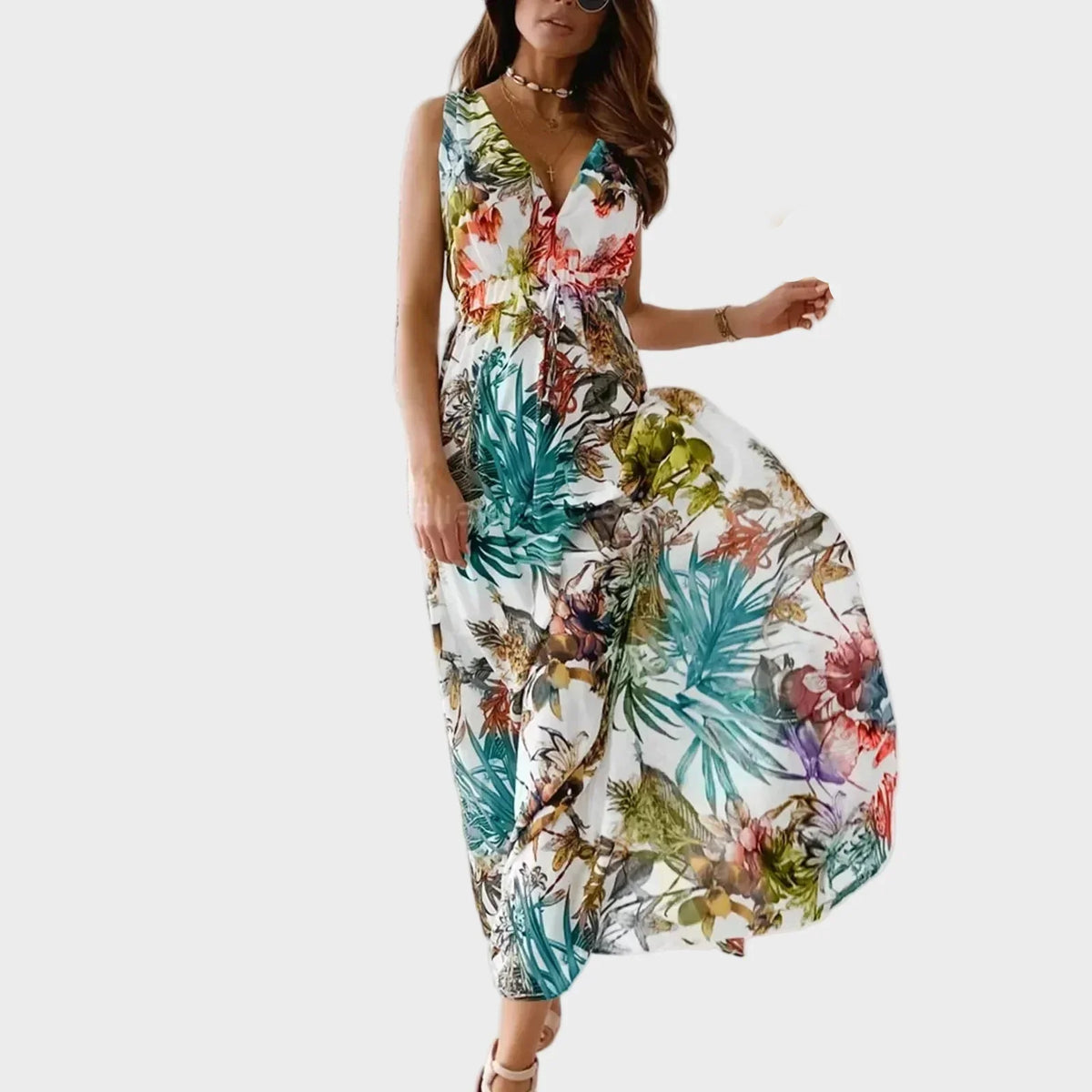 V-Neck Tropical Floral Sleeveless Drawstring A-Line Maxi Dress