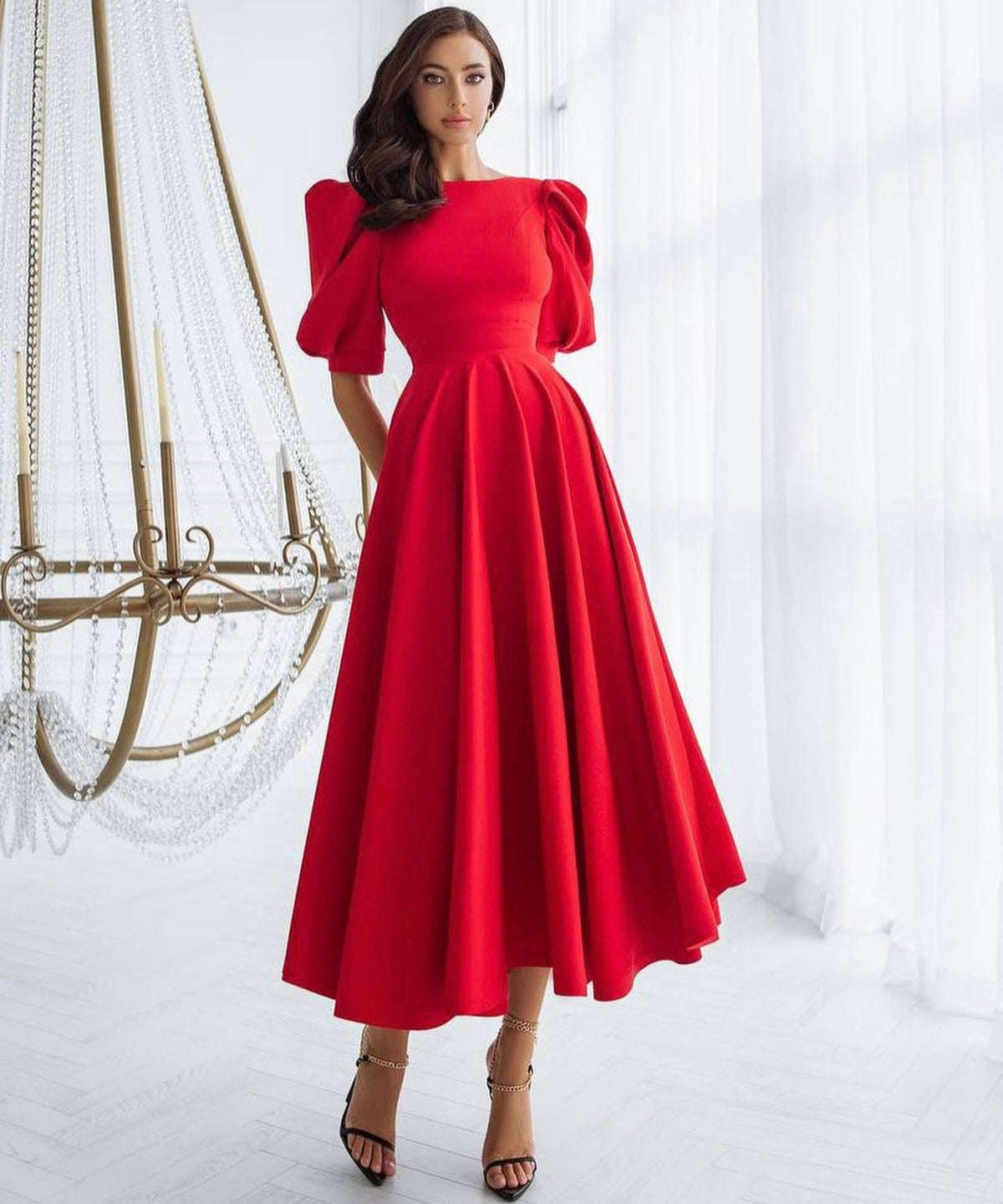 Round Neck Puff Sleeve Flared A-Line Maxi Dress 6