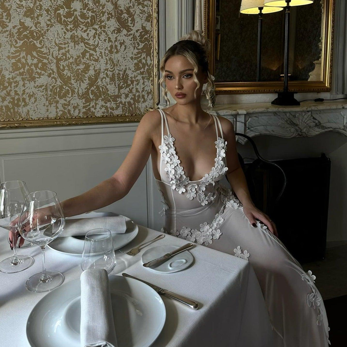 White Strappy Sheer Mesh Floral Applique Bodycon Maxi Dress