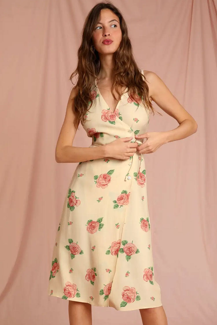 Yellow V-Neck Rose Floral Sleeveless Wrap A-Line Midi Dress