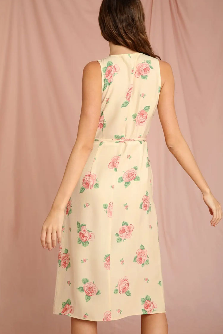 Yellow V-Neck Rose Floral Sleeveless Wrap A-Line Midi Dress
