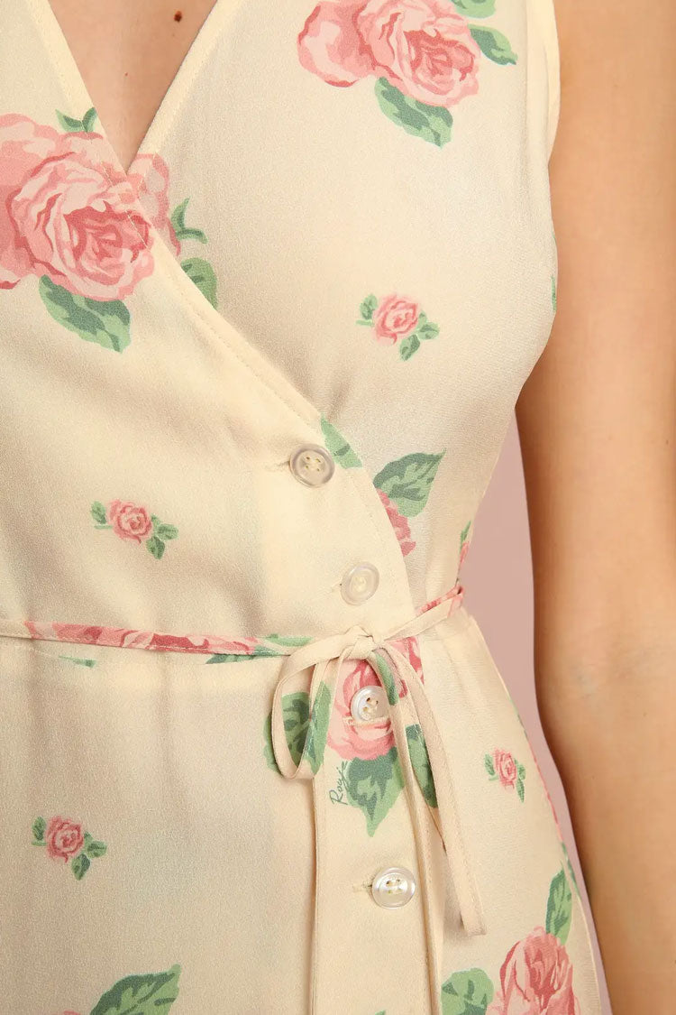 Yellow V-Neck Rose Floral Sleeveless Wrap A-Line Midi Dress