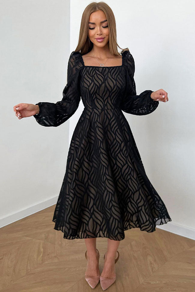 Black Square Neck Puff Sleeve Jacquard A-Line Midi Dress