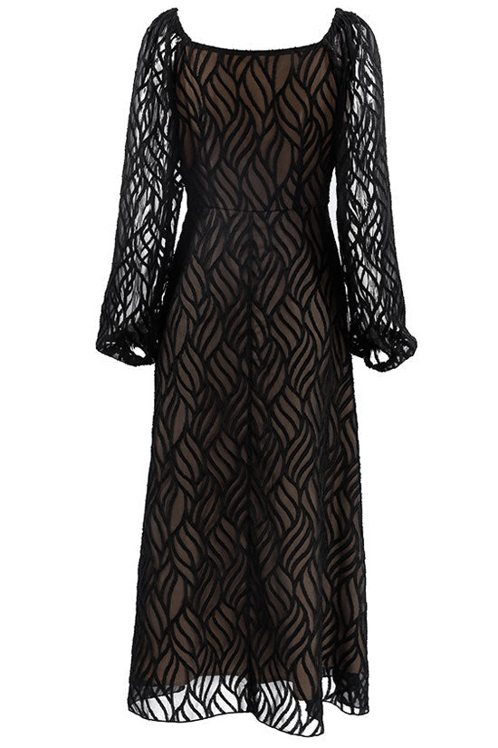Black Square Neck Puff Sleeve Jacquard A-Line Midi Dress