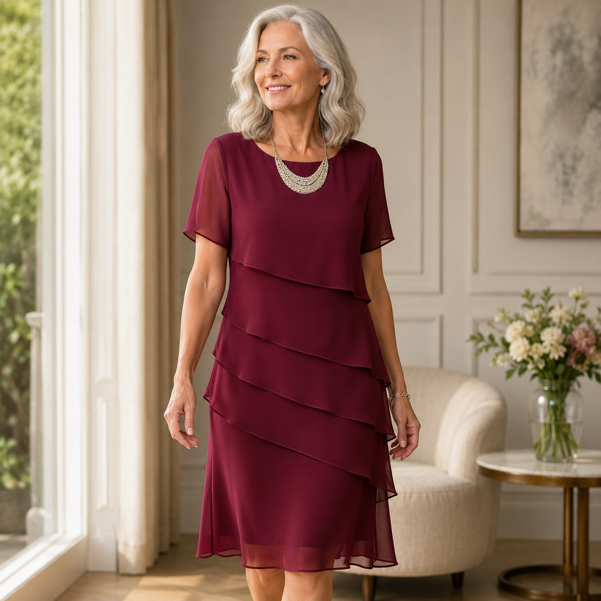 Round Neck Short Sleeve Tiered Layered Chiffon Midi Dress 4