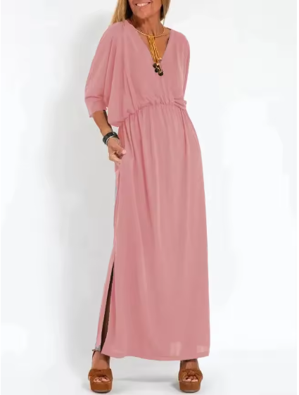 Surplice V-Neck Dolman Sleeve Elastic Waist Flowy Maxi Dress 6