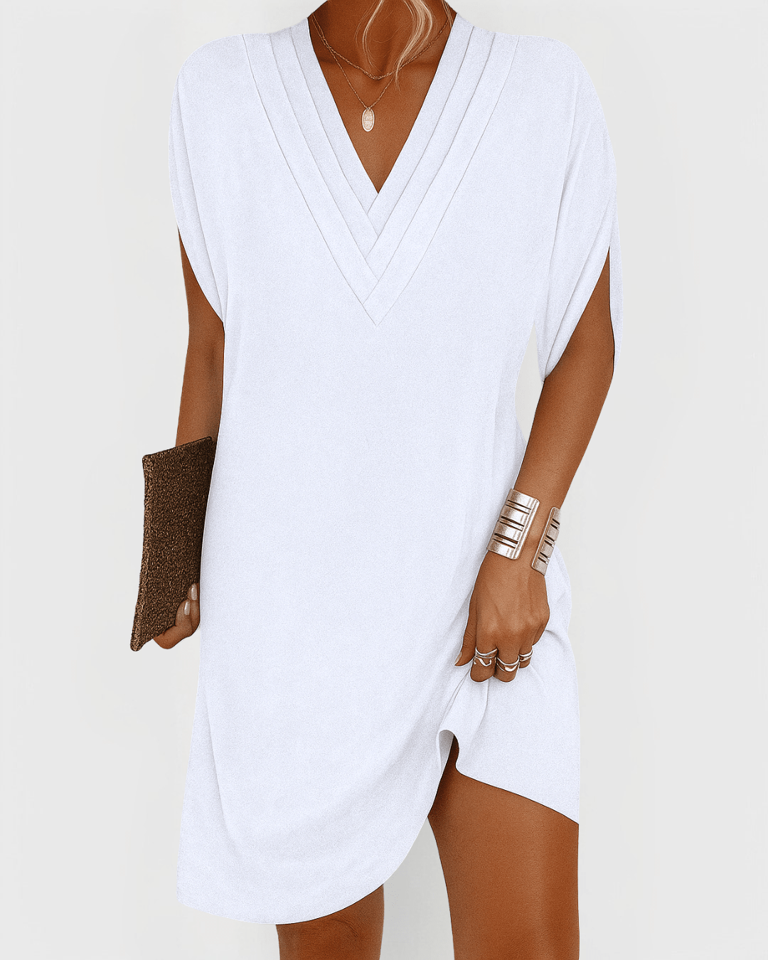 V-Neck Pleated Trim Batwing Sleeve Shift Mini Dress 6