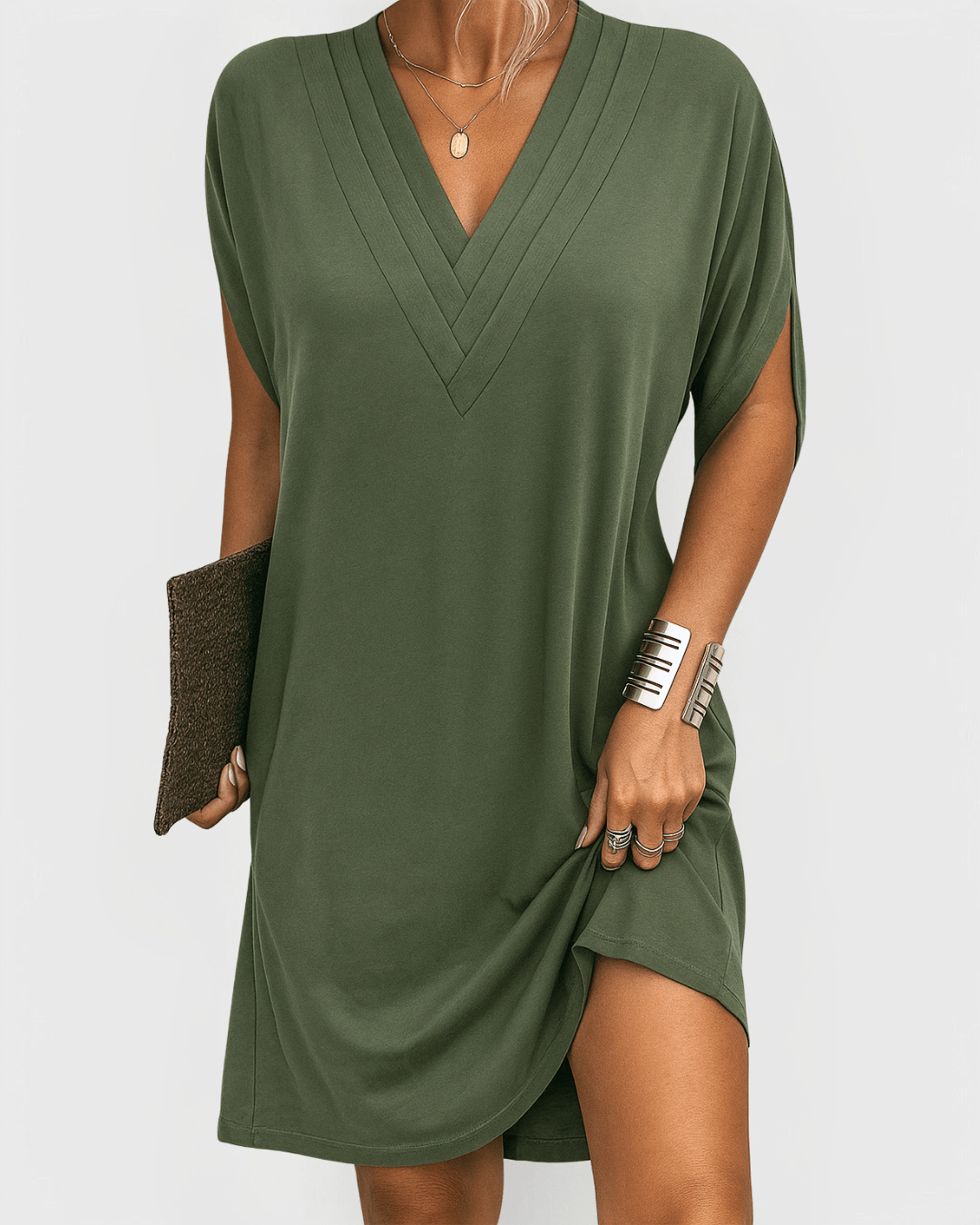 V-Neck Pleated Trim Dolman Sleeve Shift Mini Dress